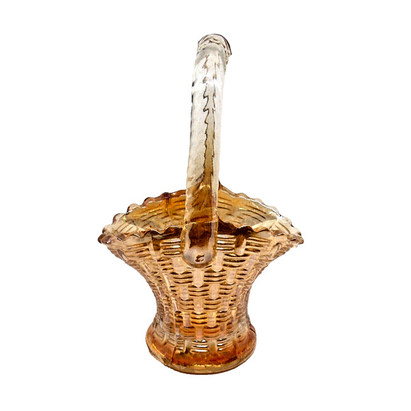 Vintage Iridescent Marigold Carnival Glass Basket, Weave Pattern, Dugan - Picture 3 of 6